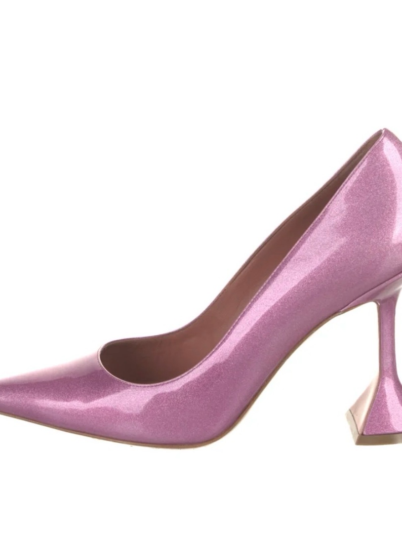 Amina Muaddi Pink Glitter Pointed-Toe Pump With Sculpted Heel Size 38 (With Box)